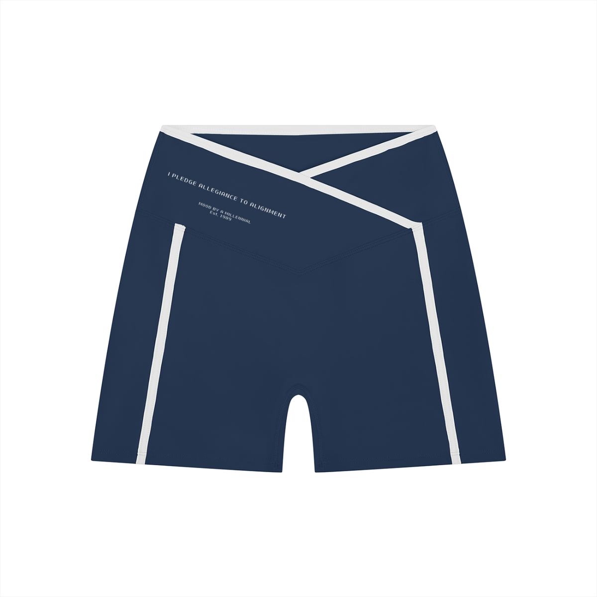 Navy blue athletic shorts with white accents on a white background