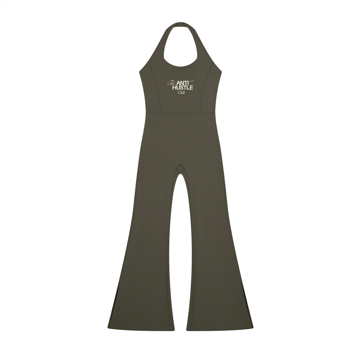 Green jumpsuit with a logo on a white background