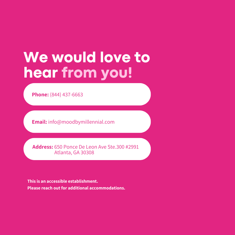 Contact information for Mood by a Millennial including address, email, and phone number on a pink background