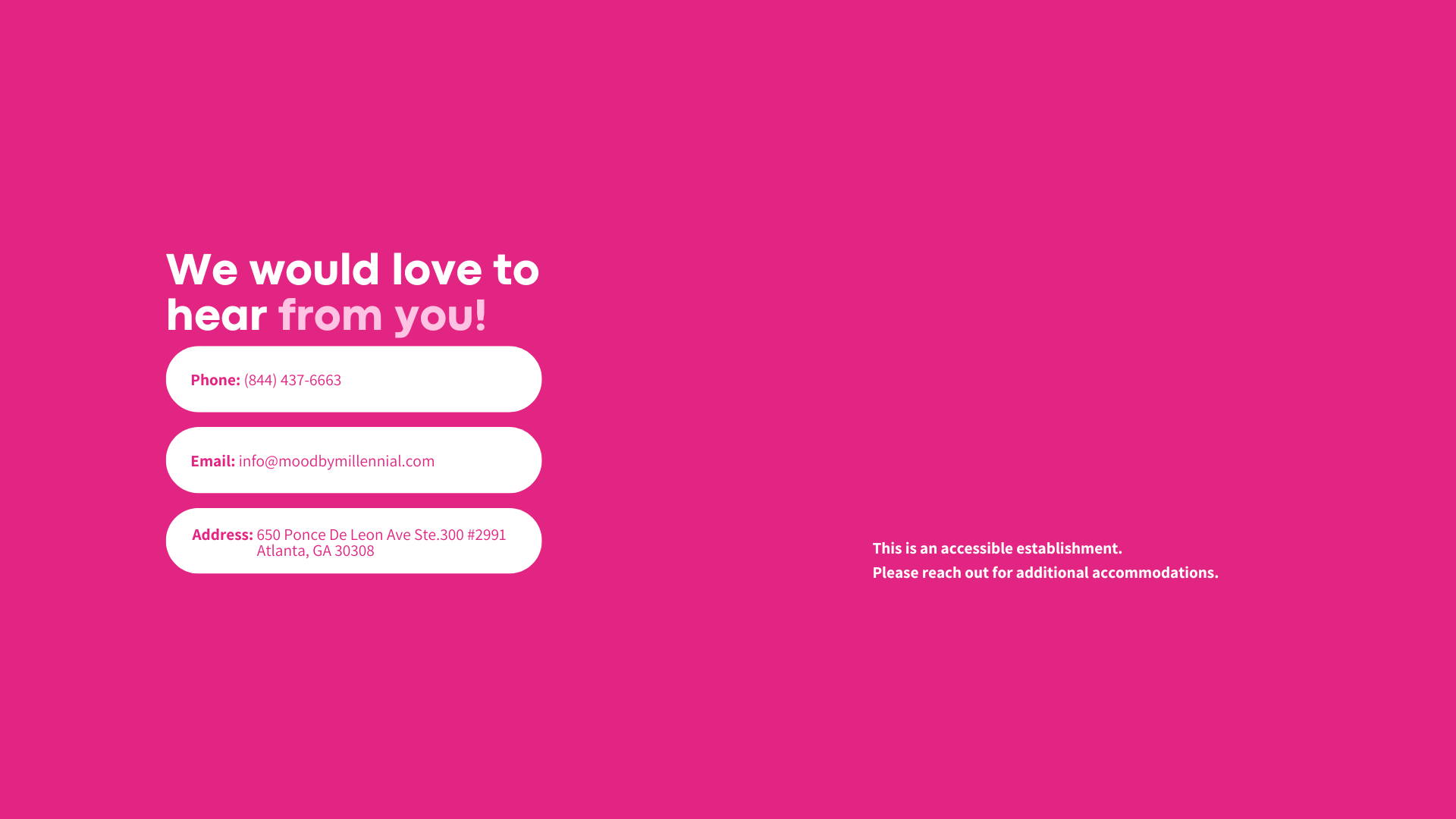 Contact information for Mood by a Millennial including address, email, and phone number on a pink background