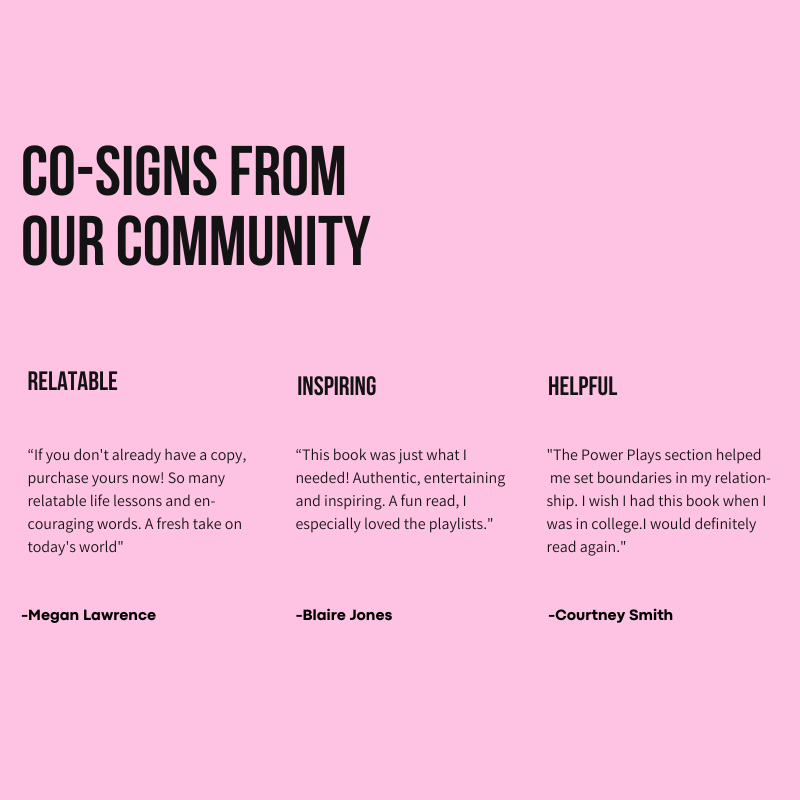 Customer testimonials on a pink background in bold black font showcasing satisfaction with Mood by a Millennial products