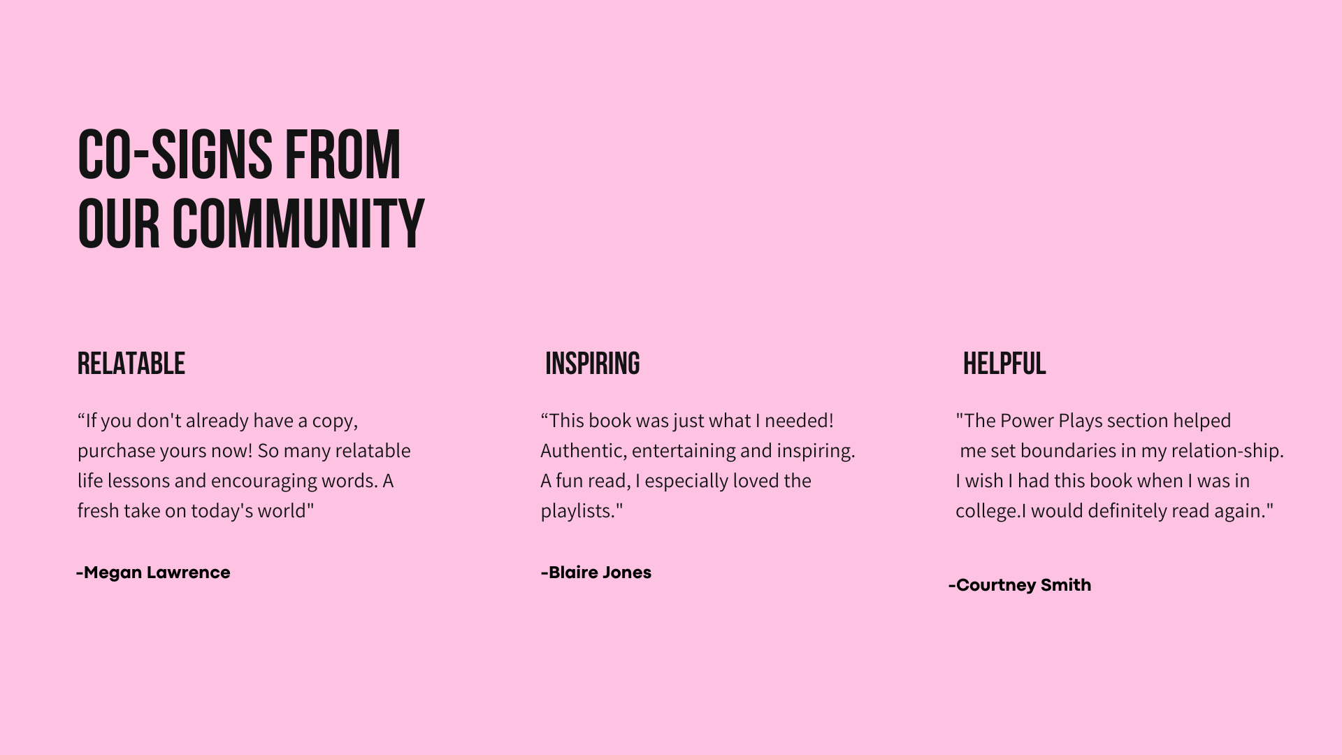Customer testimonials on a pink background in bold black font showcasing satisfaction with Mood by a Millennial products