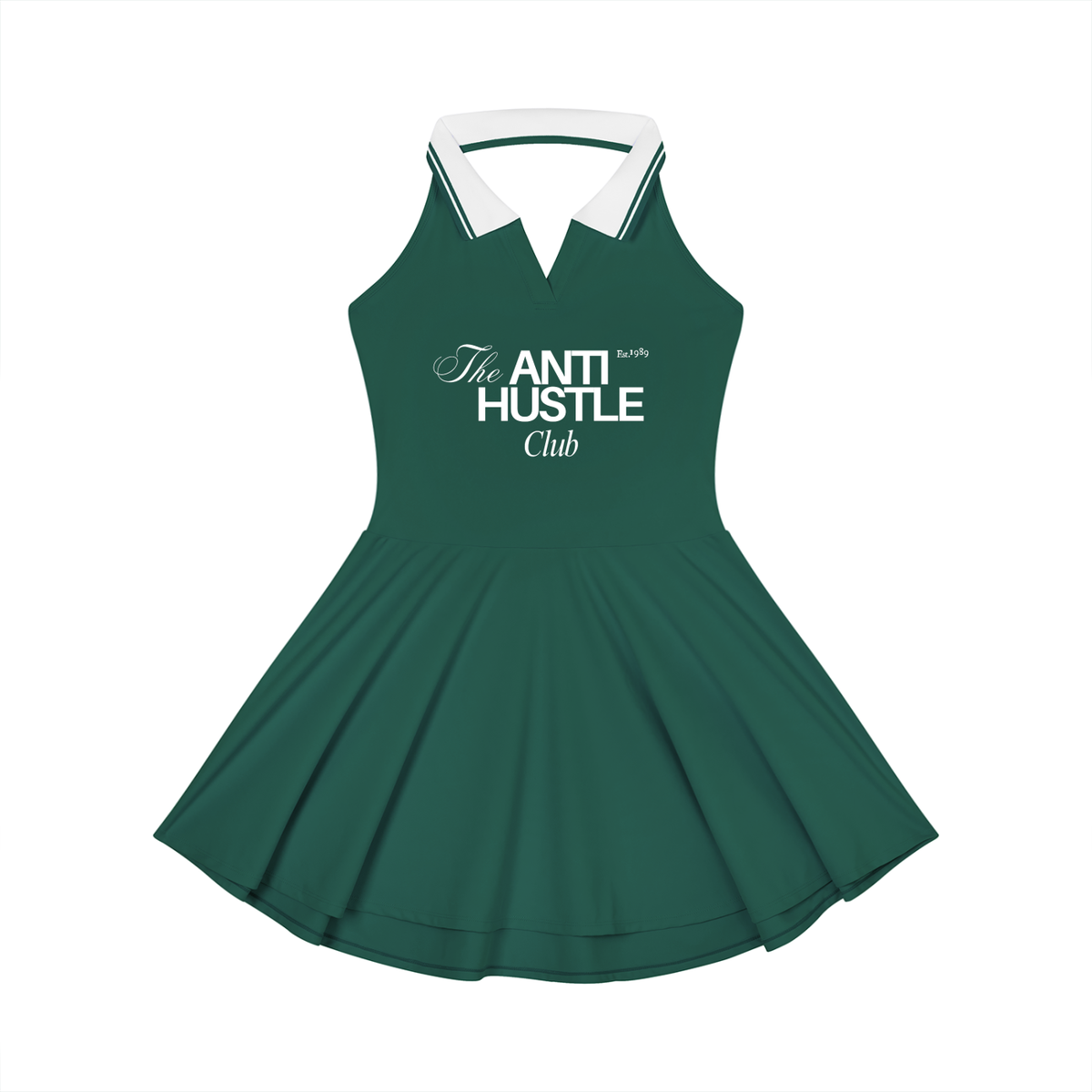 Green dress with white collar and 'The Anti Hustle Club' text on a white background