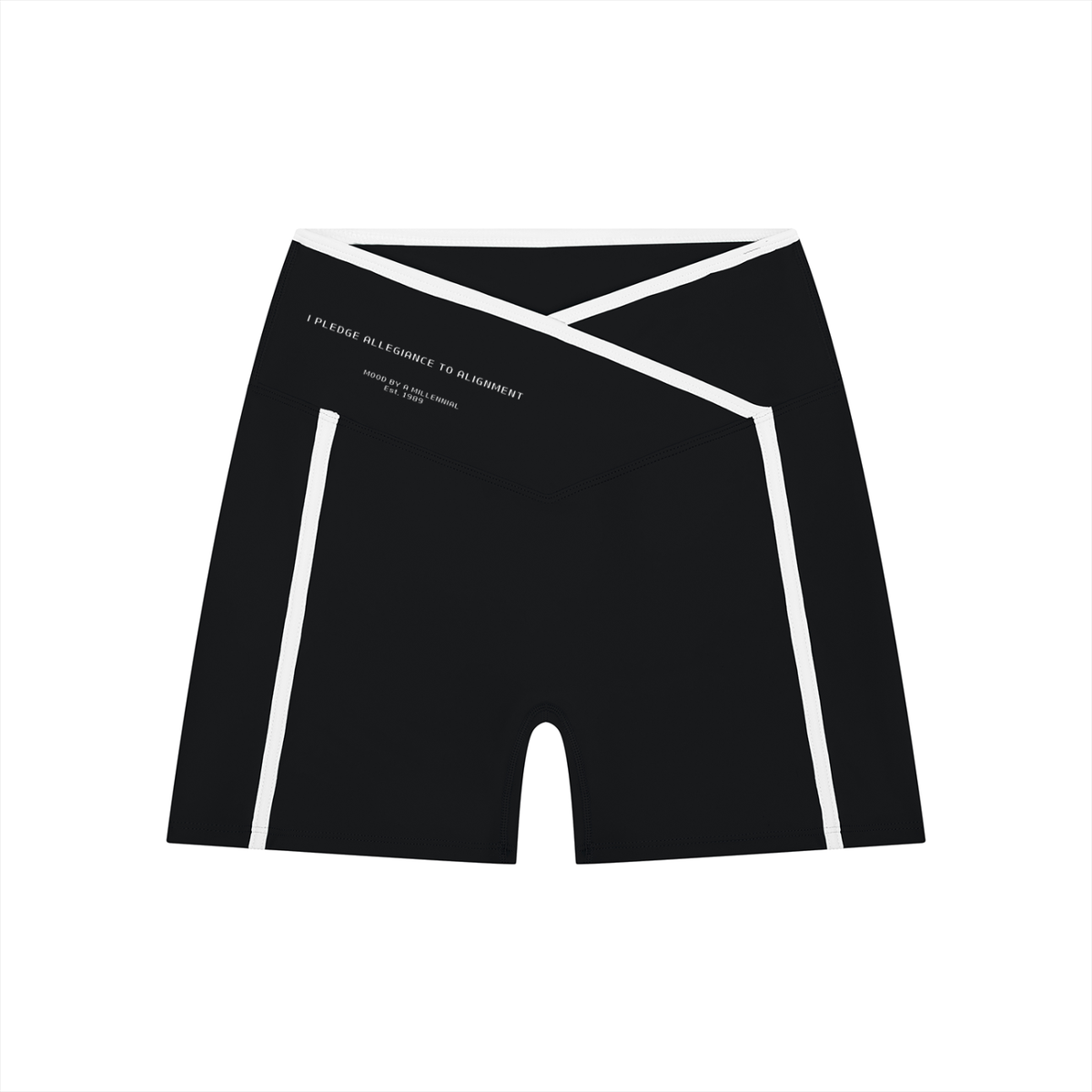Black athletic shorts with white accents on a white background