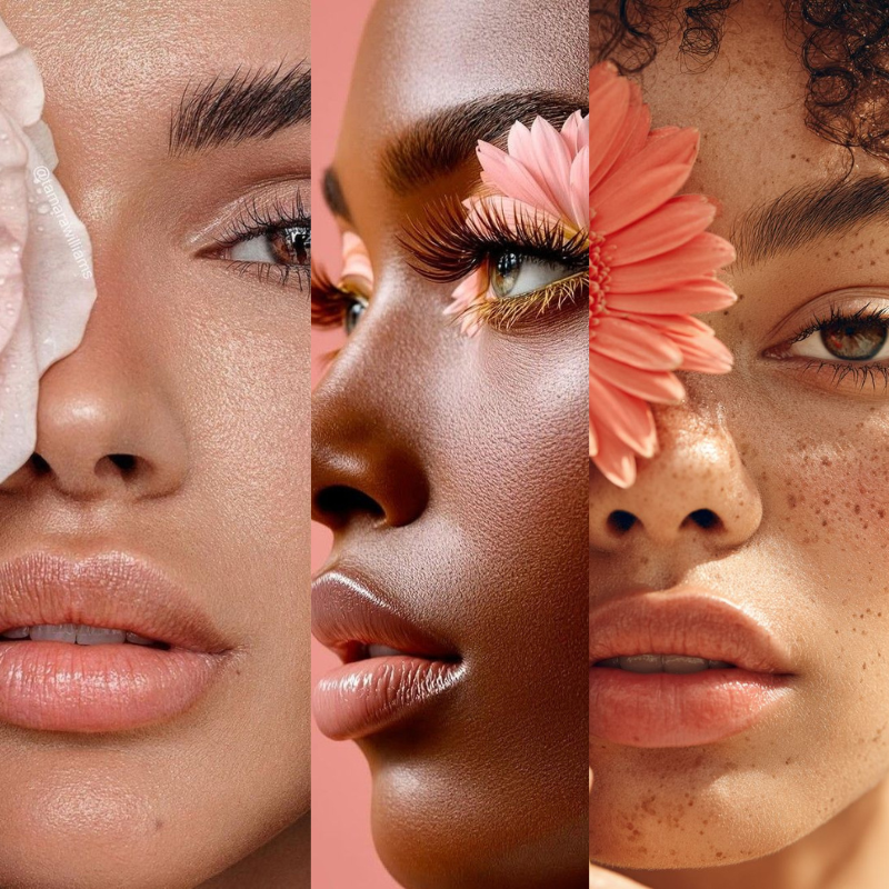 Three close-up portraits of women's faces with flowers on their faces, showcasing different skin tones.