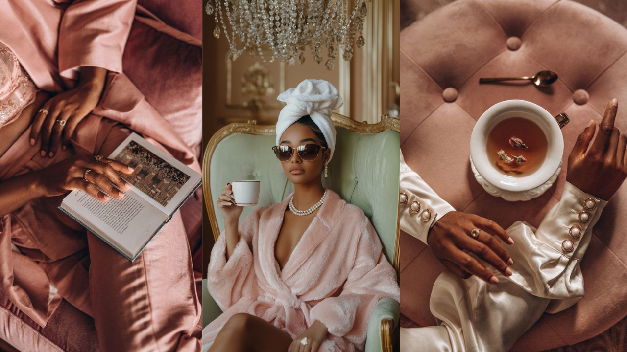 Collage of soft life moments featuring pink ottoman with tea, woman in pink robe exuding luxury, and body in pink lace lounge set sipping tea