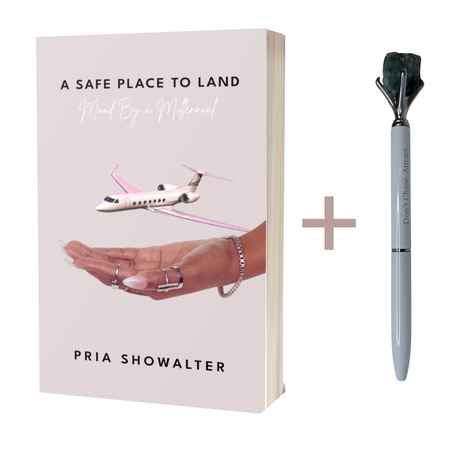 Mood by a Millennial self-help book paired with crystal manifestation pens – designed to support healing, growth, and self-discovery.