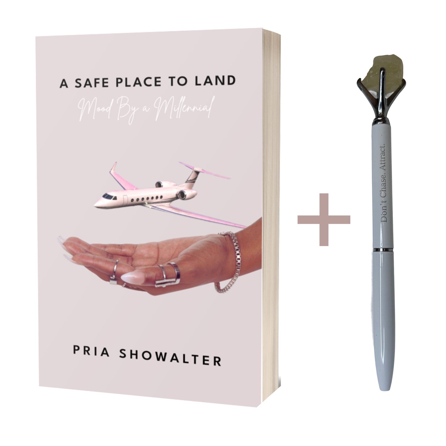 Mood by a Millennial self-help book paired with crystal manifestation pens – designed to support healing, growth, and self-discovery.