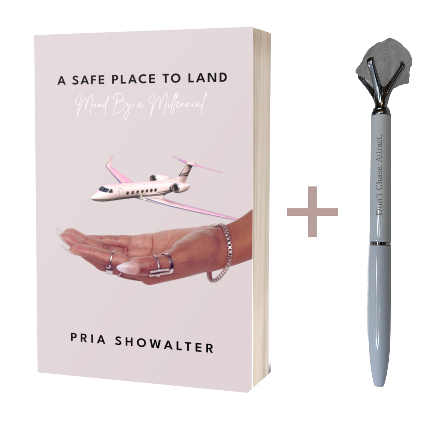 Mood by a Millennial self-help book paired with crystal manifestation pens – designed to support healing, growth, and self-discovery.