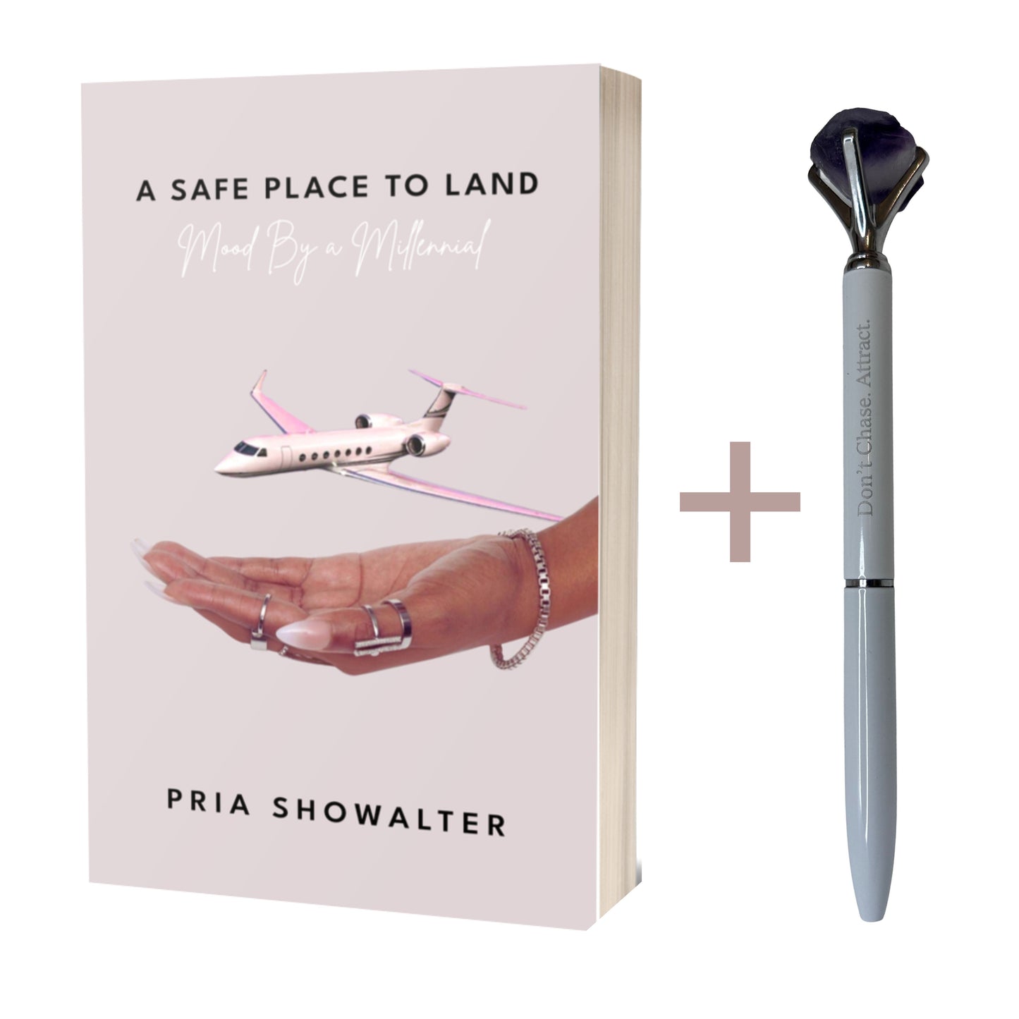Mood by a Millennial self-help book paired with crystal manifestation pens – designed to support healing, growth, and self-discovery.