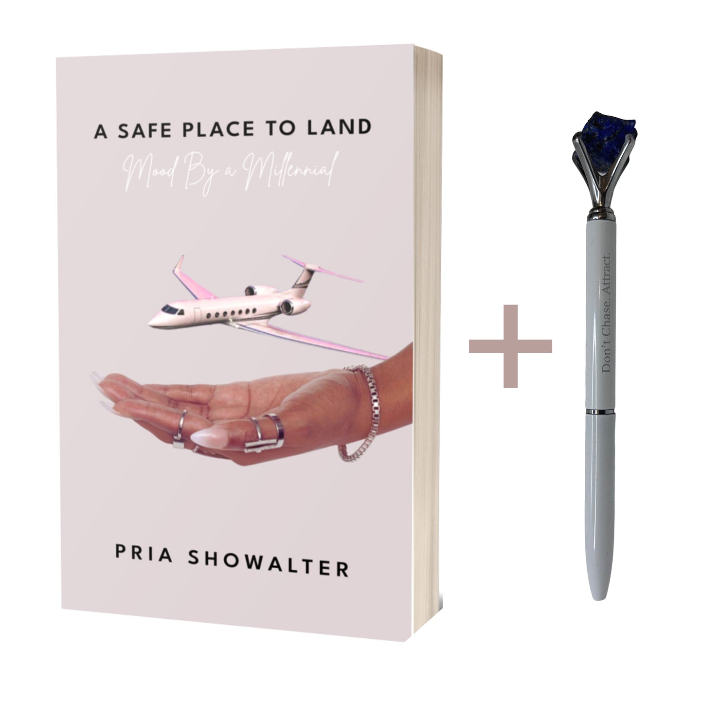 Mood by a Millennial self-help book paired with crystal manifestation pens – designed to support healing, growth, and self-discovery.