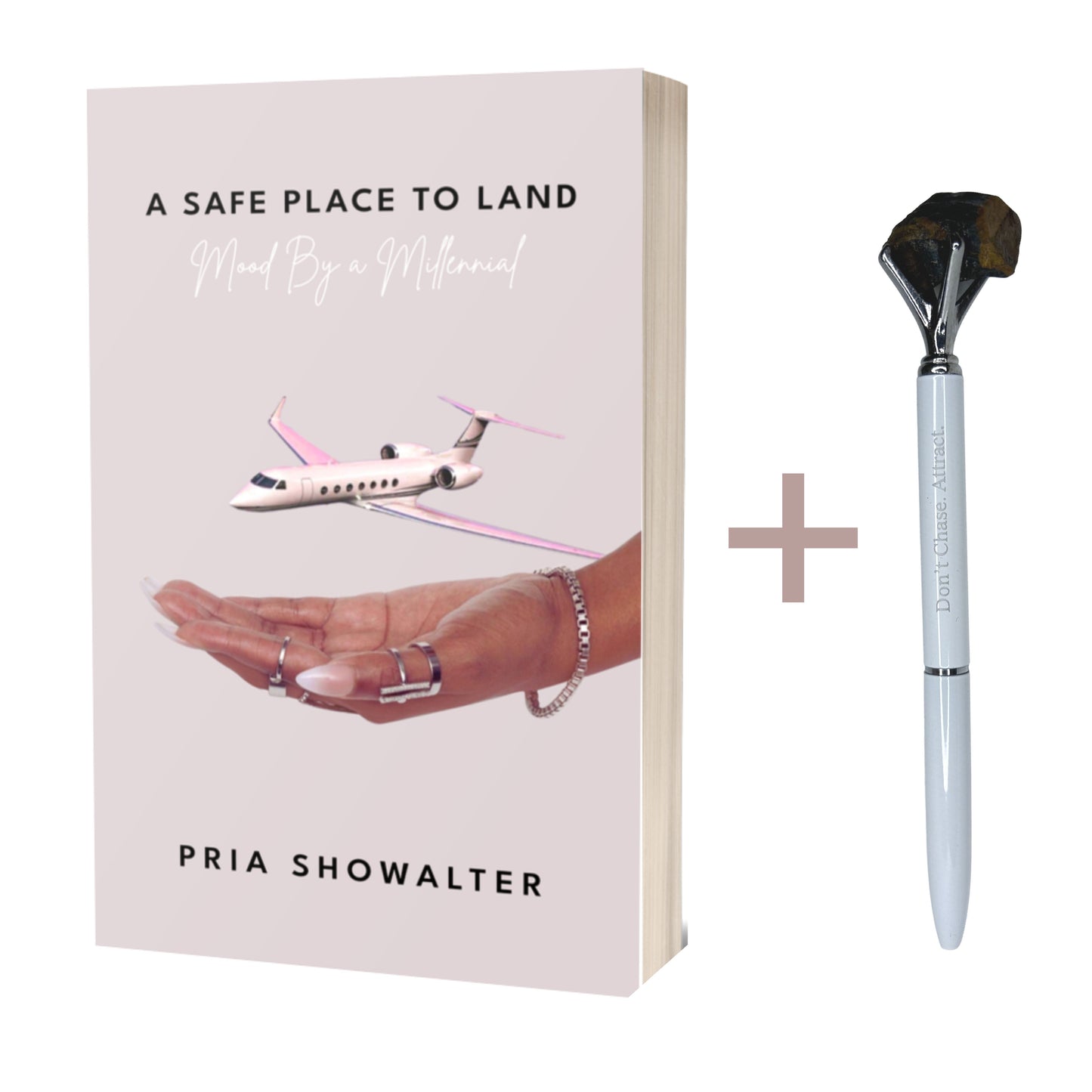 Mood by a Millennial self-help book paired with crystal manifestation pens – designed to support healing, growth, and self-discovery.
