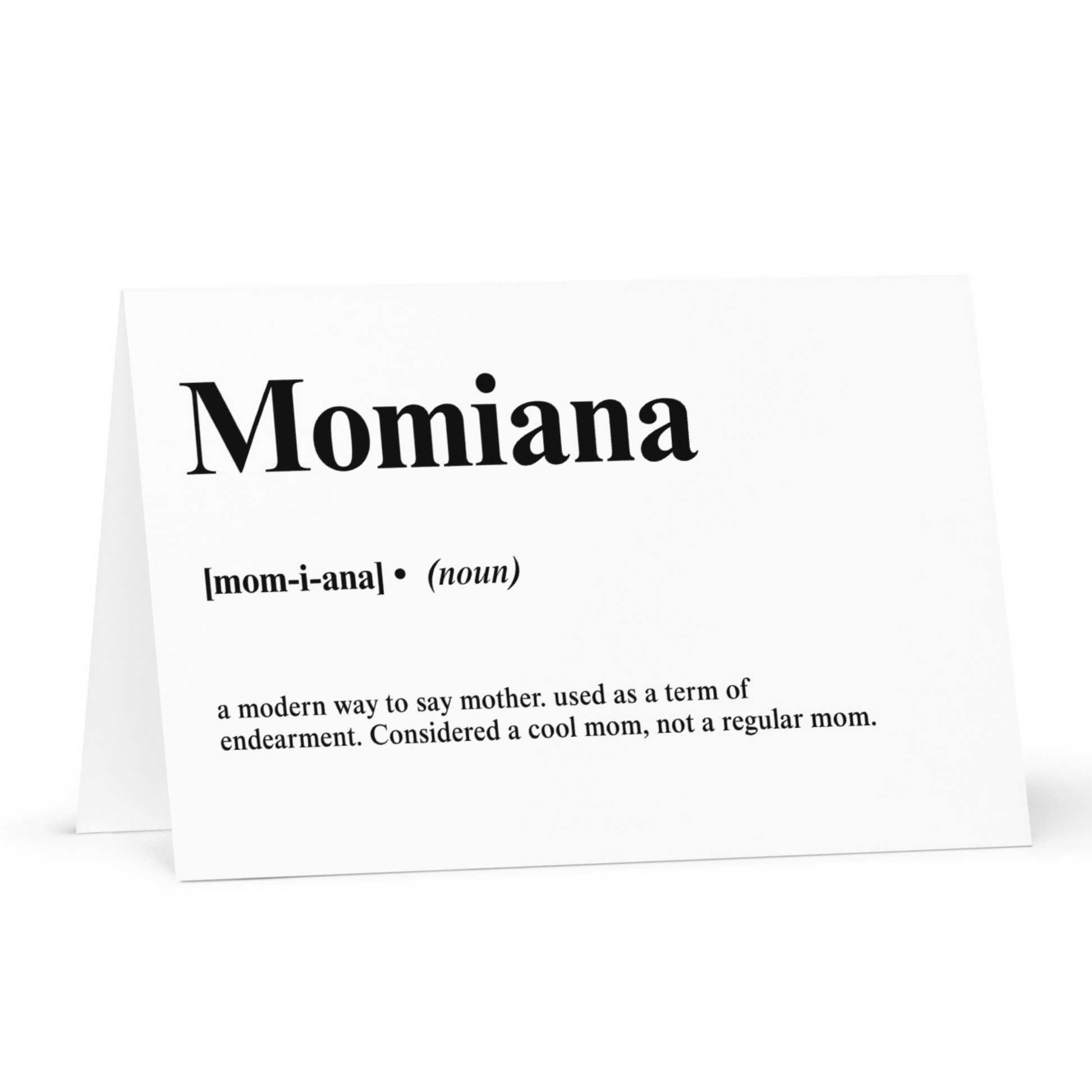 Greeting card with the word "Momiana" on the front in bold lettering