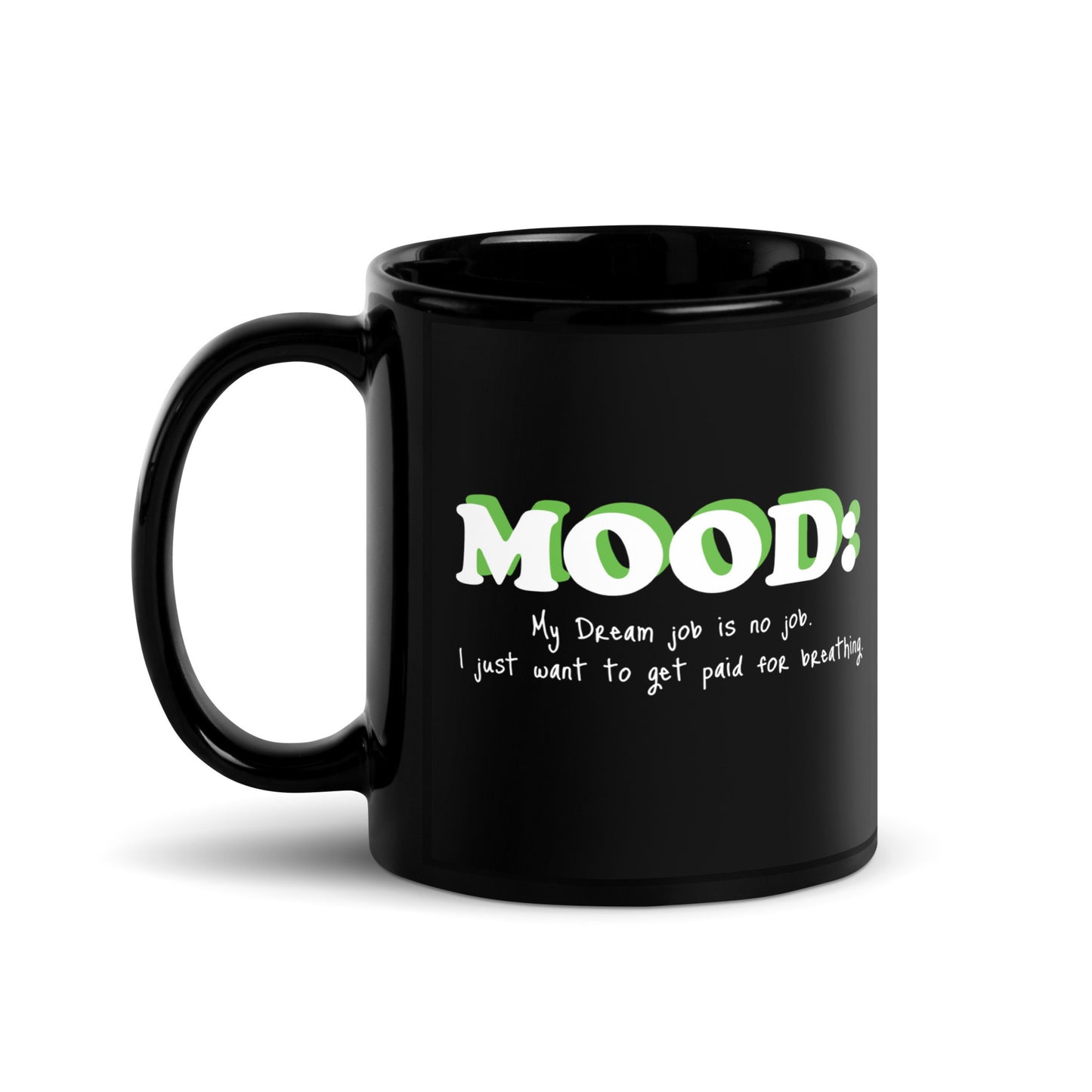 Black ceramic mug with bold “Mood” text design, perfect for coffee and tea lovers