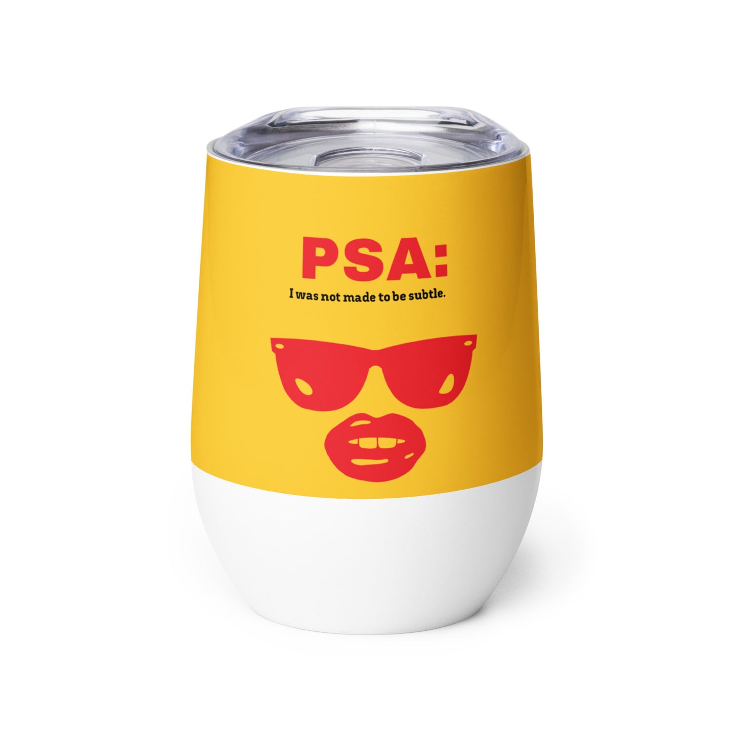 Stainless steel wine tumbler with bold “PSA” text design, perfect for stylish, insulated wine drinking