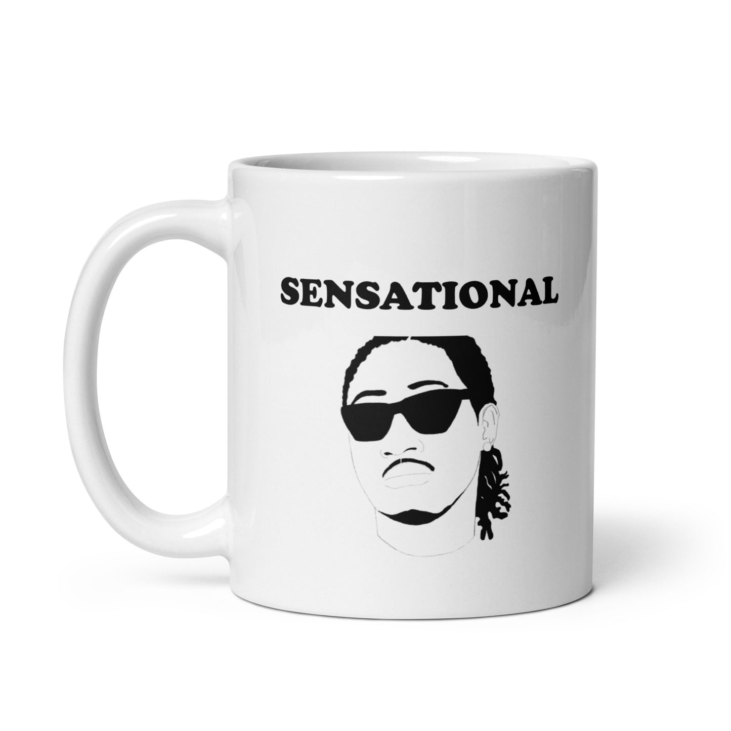 White ceramic mug with bold “Sensational” text design, inspired by Future, perfect for coffee and tea lovers