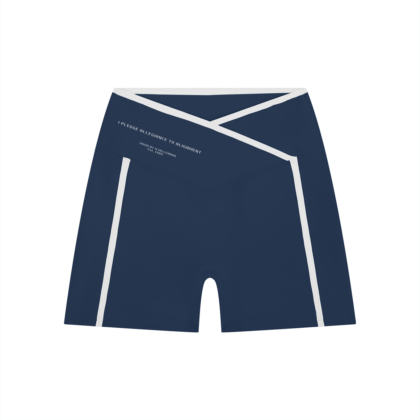 Navy blue athletic shorts with white accents on a white background