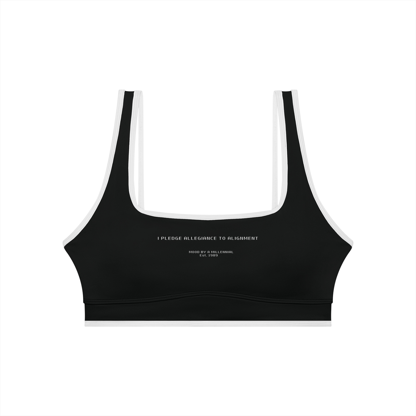 Black sports bra with text on a white background