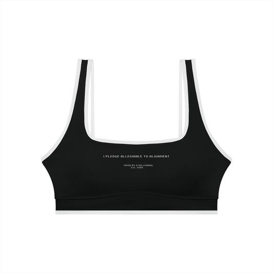 Black sports bra with text on a white background