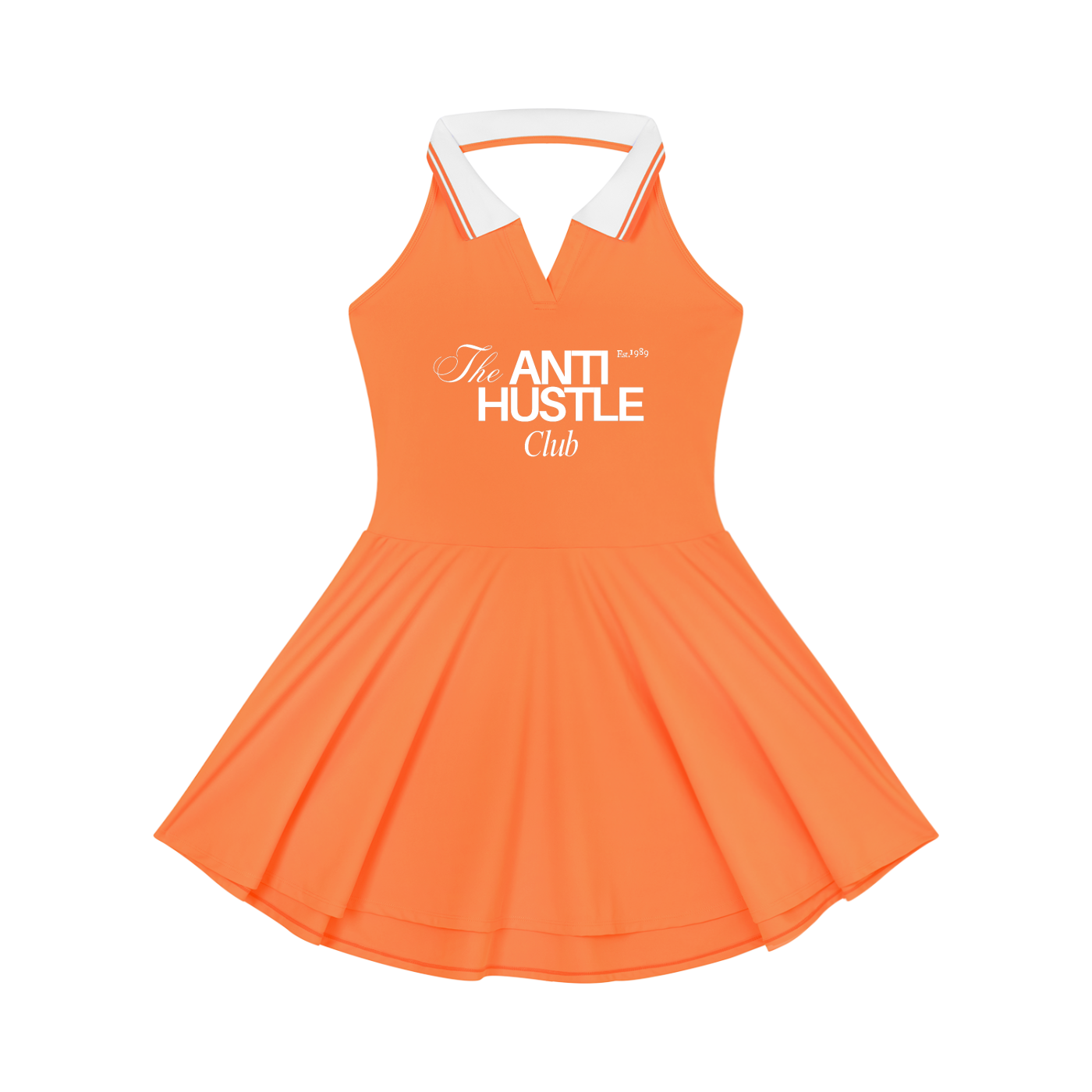 Orange dress with white collar and 'The Anti Hustle Club' text on a white background
