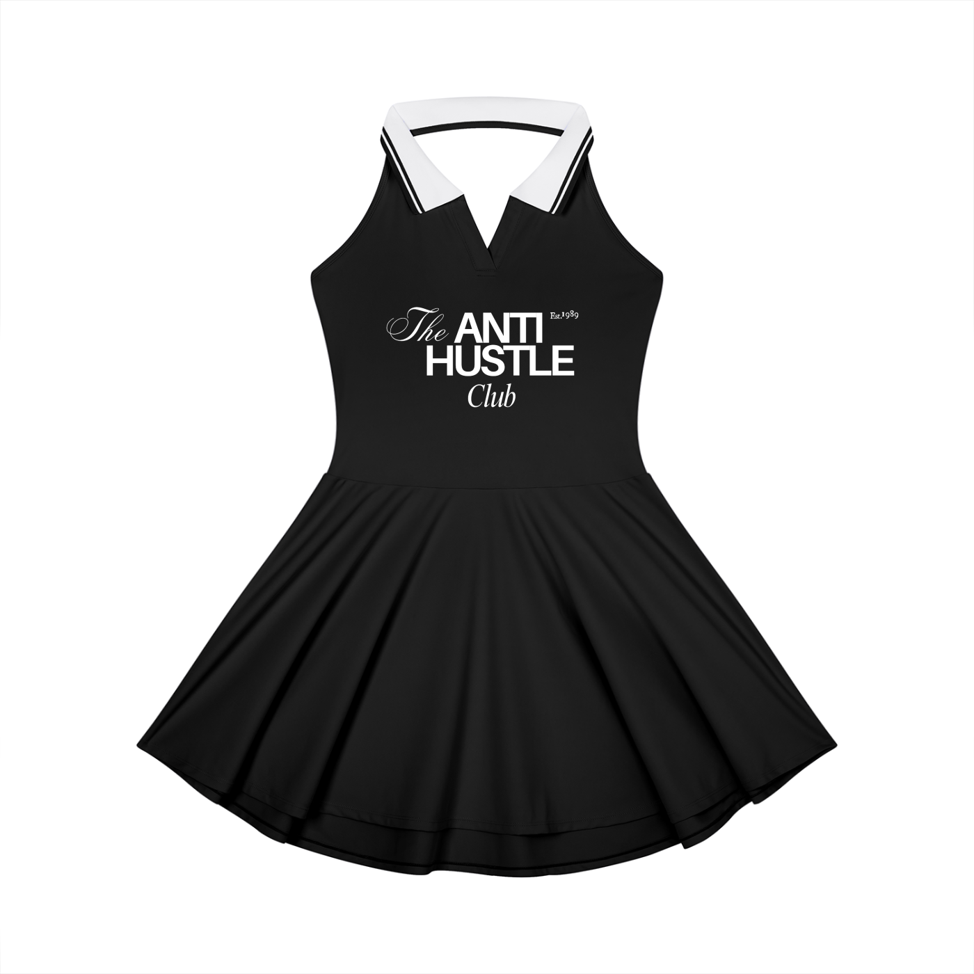 Black dress with white collar and 'D'Yore Clothing Brand' text on a white background