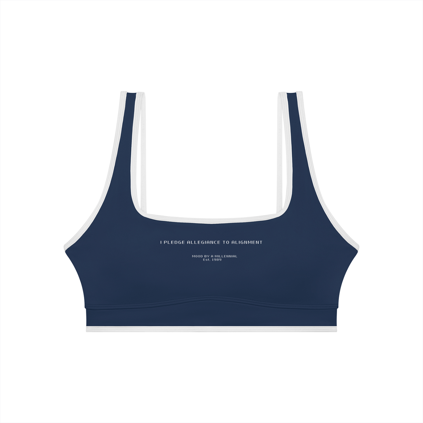Navy blue sports bra with white straps on a white background
