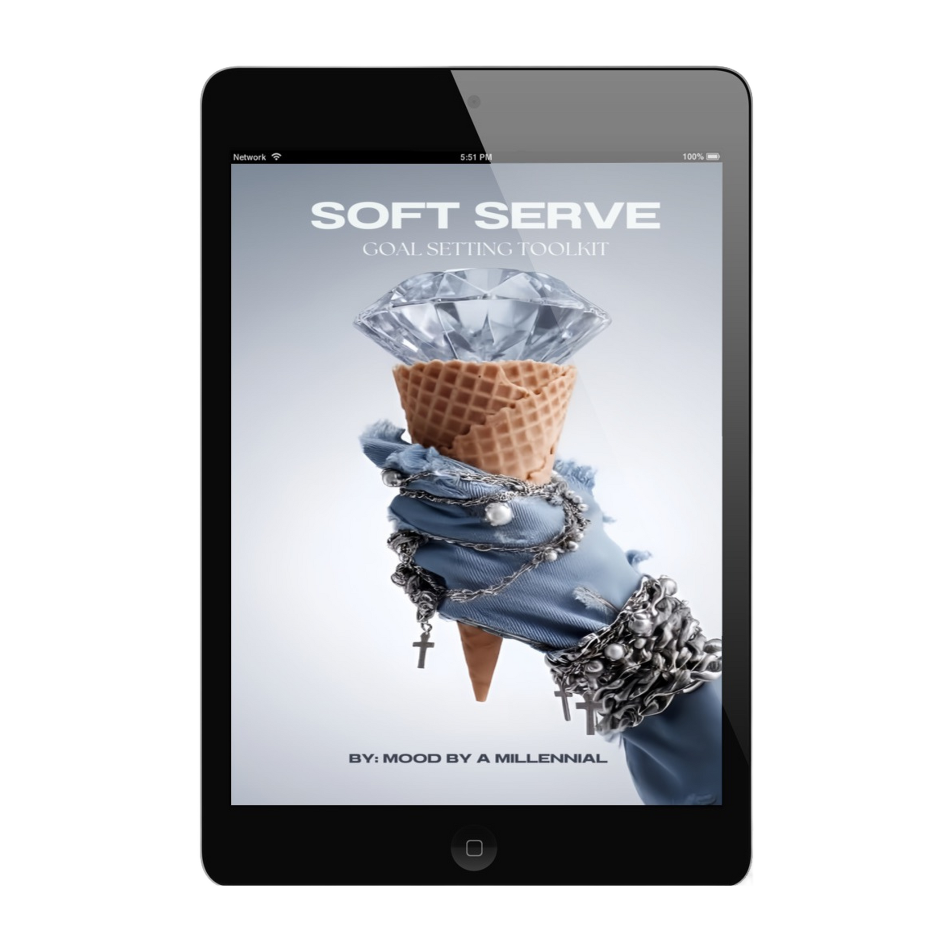 Hand in denim jacket holding an ice cream cone with a diamond scoop — symbolic cover image for the Soft Serve Goal-Setting Toolkit digital download.