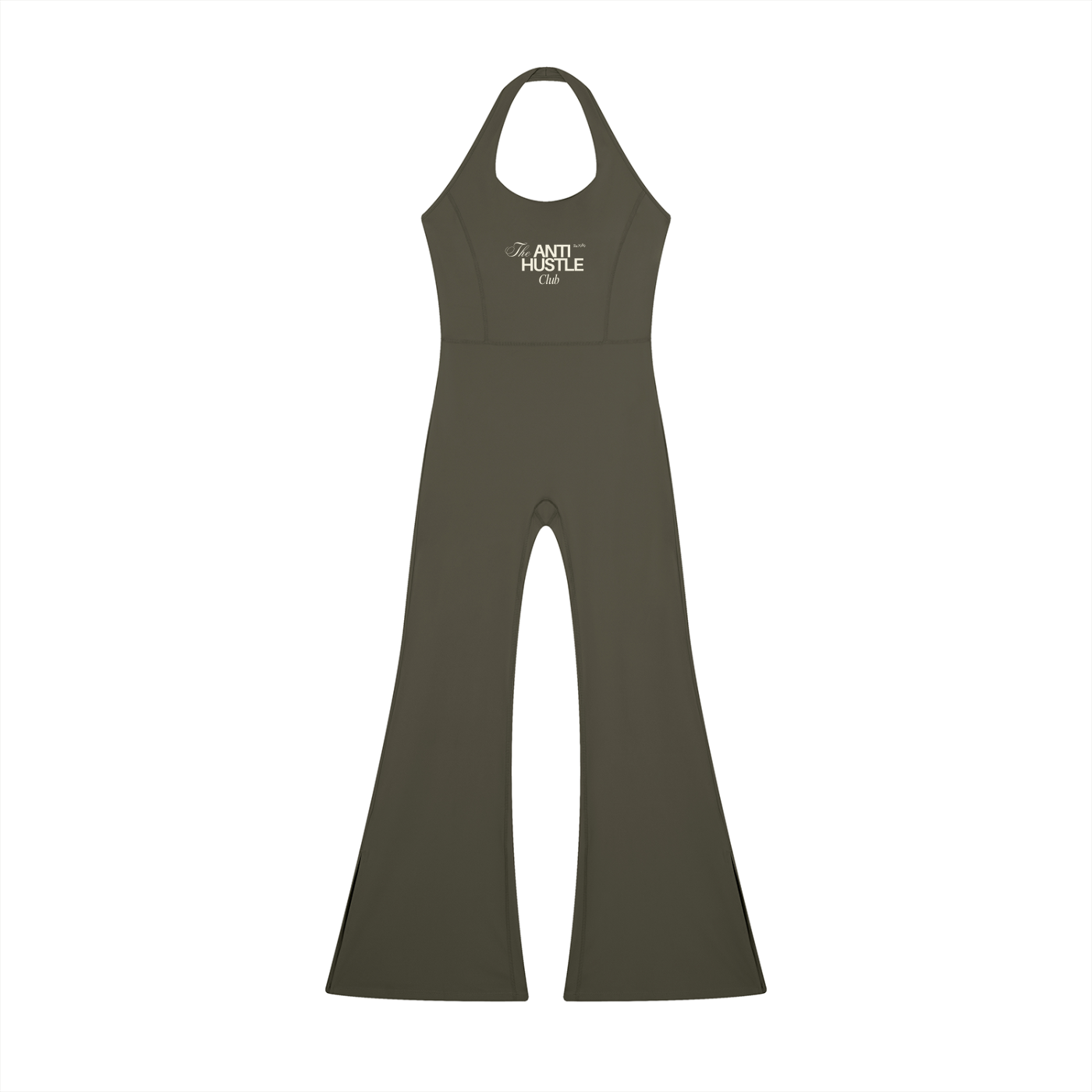 Green jumpsuit with a logo on a white background