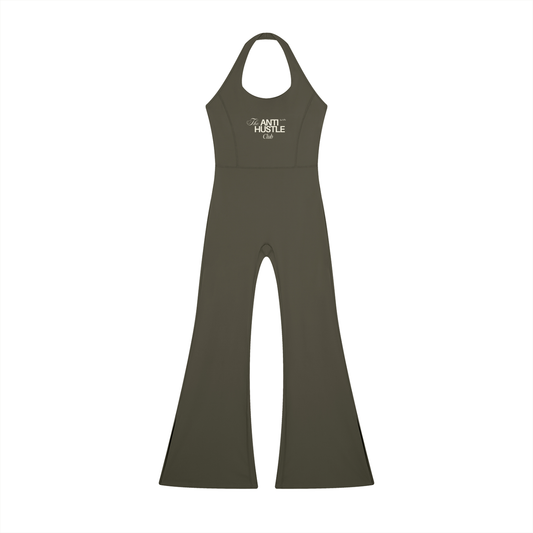 Green jumpsuit with a logo on a white background
