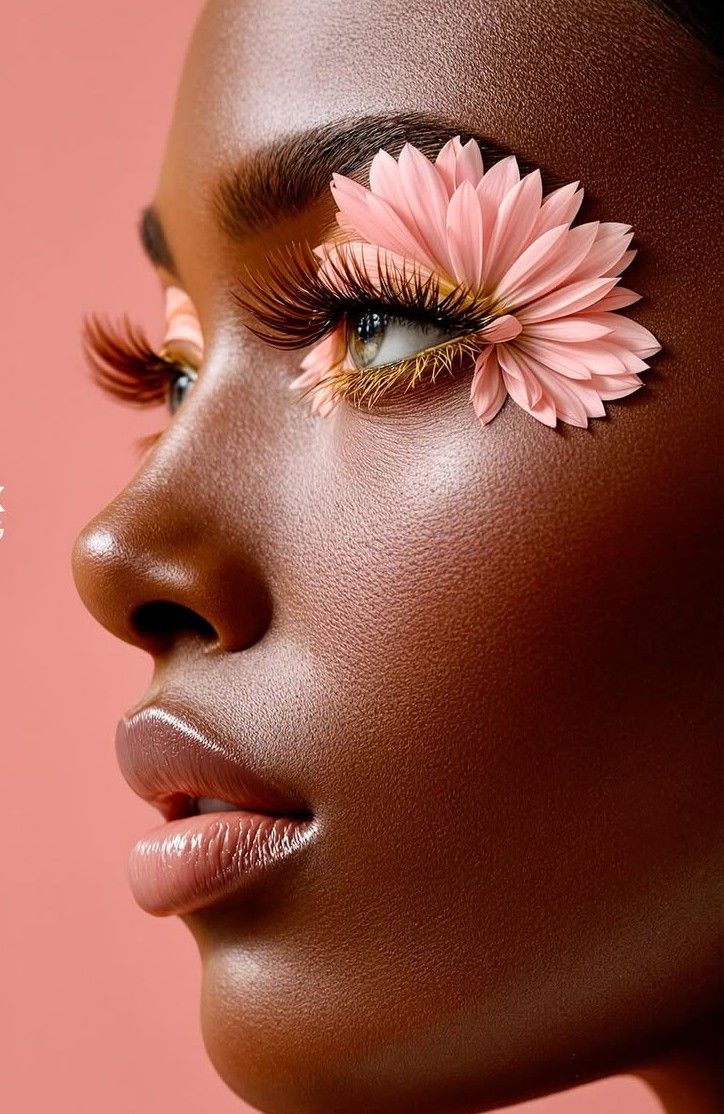 Close-up of a woman's face with a pink flower on her eyelash against a pink background
