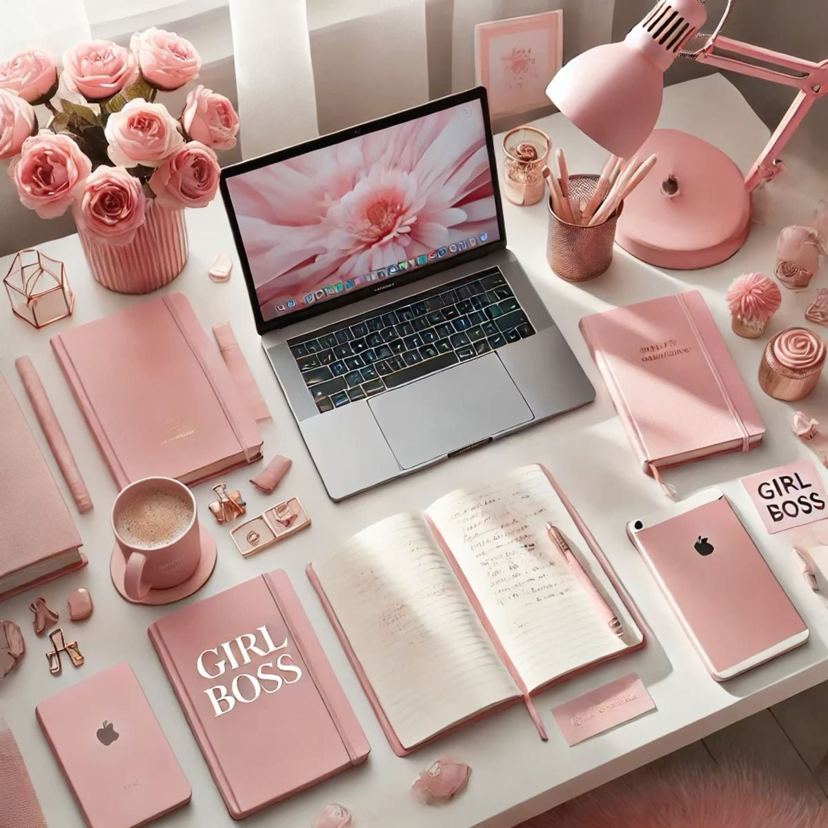 Pink-themed desk setup with laptop, notebooks, and decor items on a white surface.