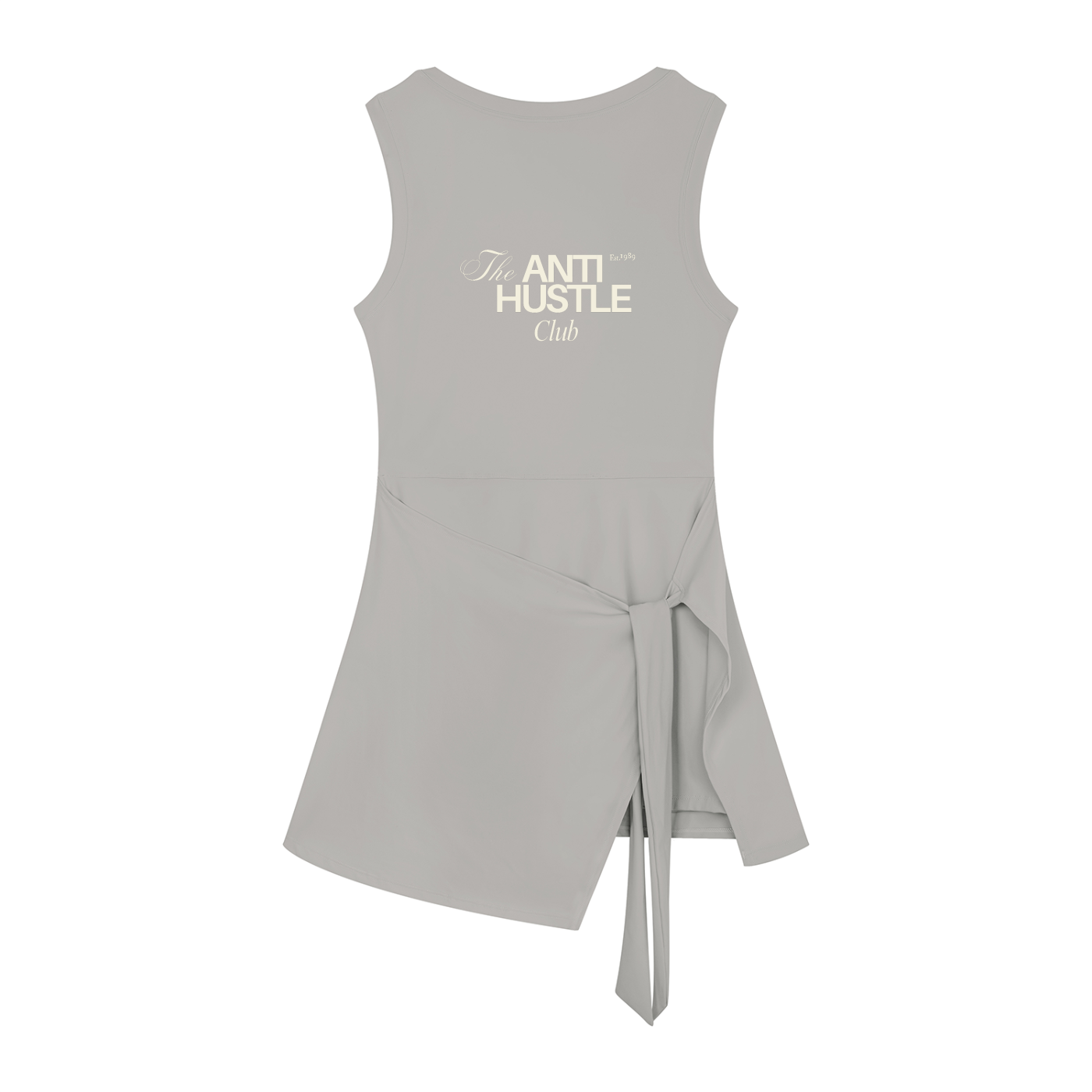 Gray sleeveless dress with 'The Anti Hustle Club' text on a white background