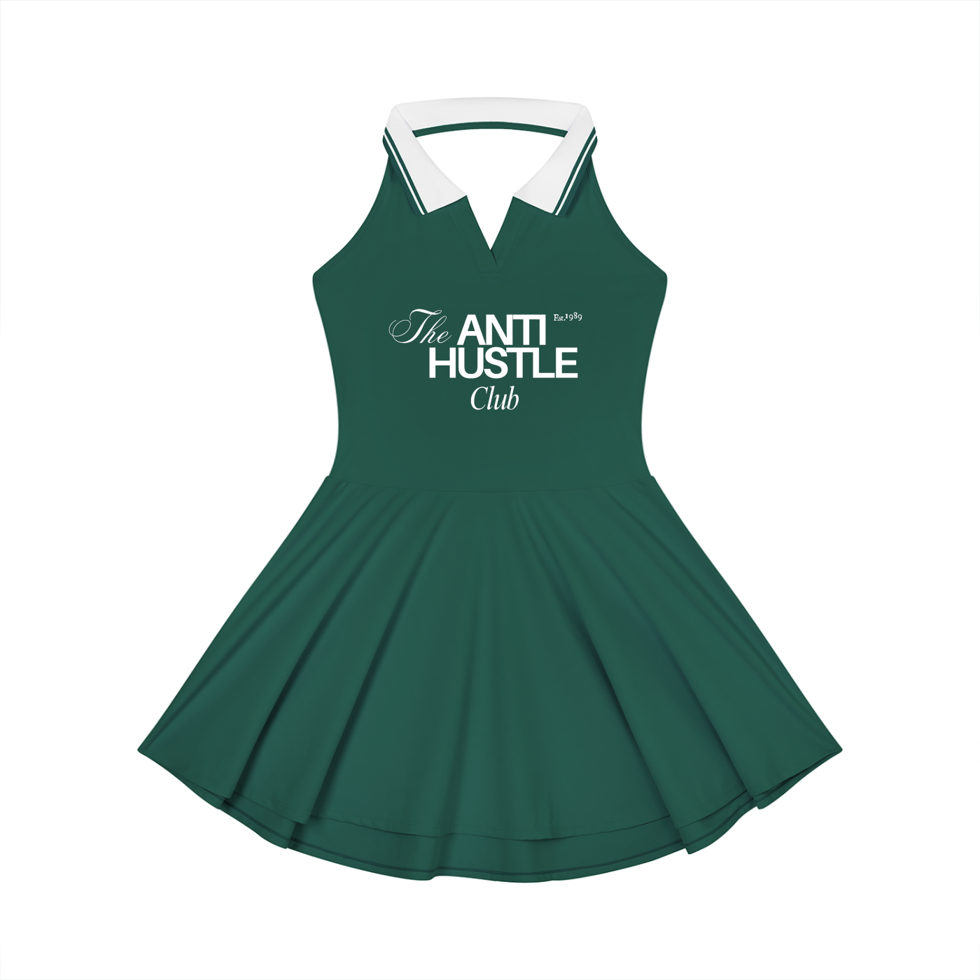 Green dress with white collar and 'The Anti Hustle Club' text on a white background
