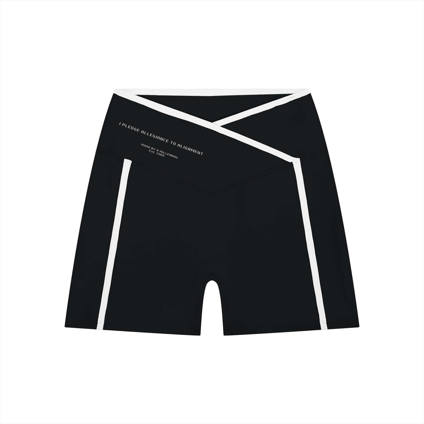 Black athletic shorts with white accents on a white background