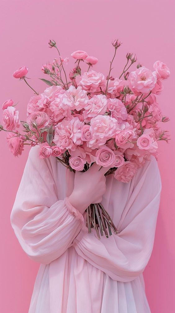 pink background with floral head piece