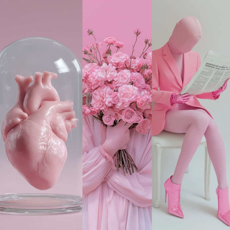 Collage of a pink heart model, pink roses, and a person in a pink suit with pink shoes.