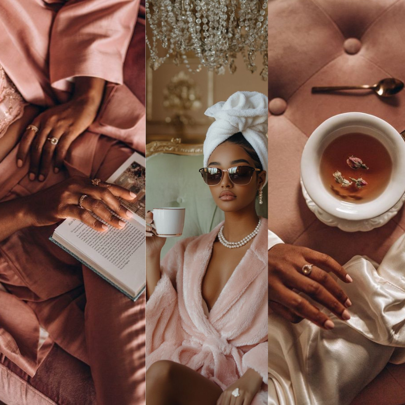 Collage of a woman in a pink robe with a cup, a spoon, and a bowl.