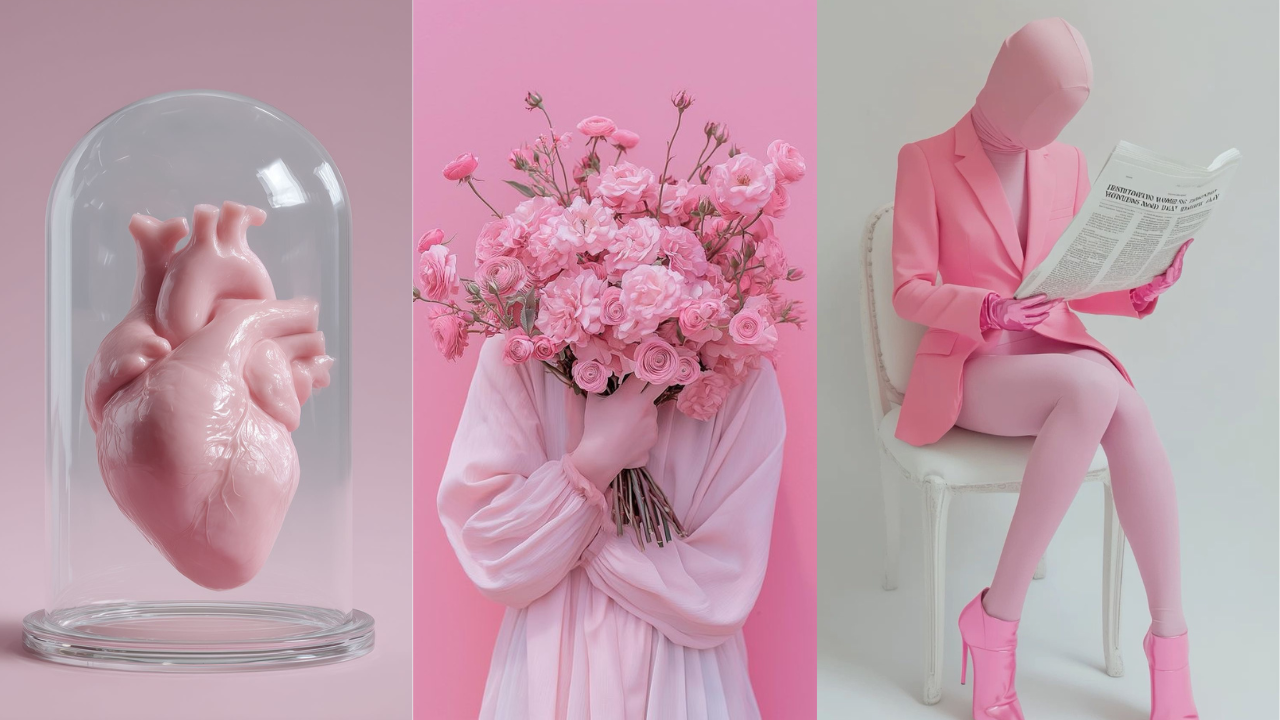 Pink collage of heart, mask, and flowers symbolizing self-healing and identity transformation