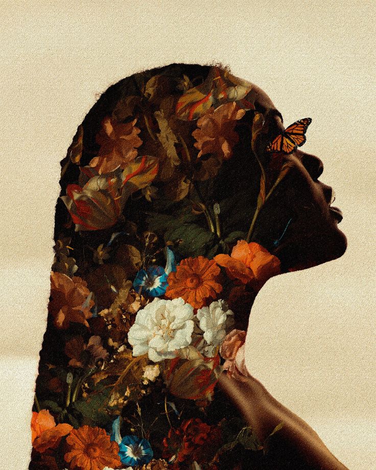 Profile of a woman with butterflies covering her face and hair, symbolizing transformation, freedom, and personal growth.