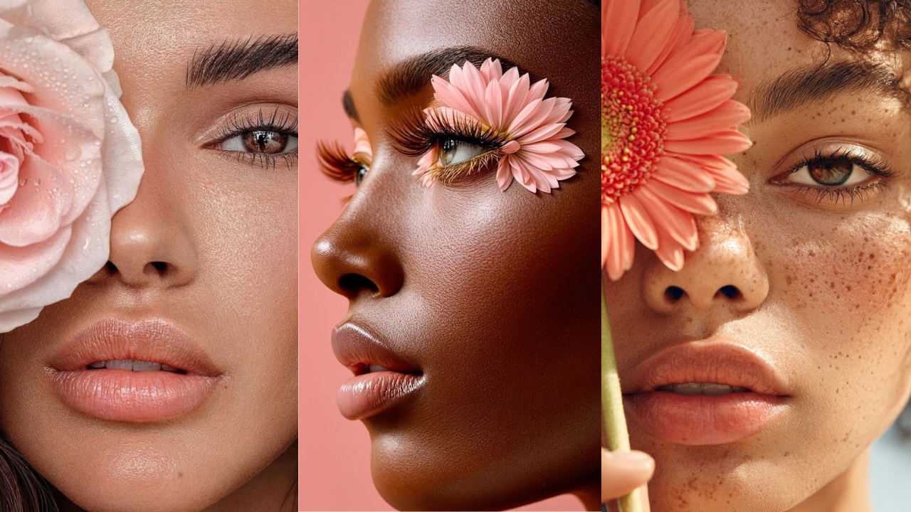 Collage of diverse women with flowers covering their eyes, symbolizing growth, transformation, and the beauty of self-discovery.